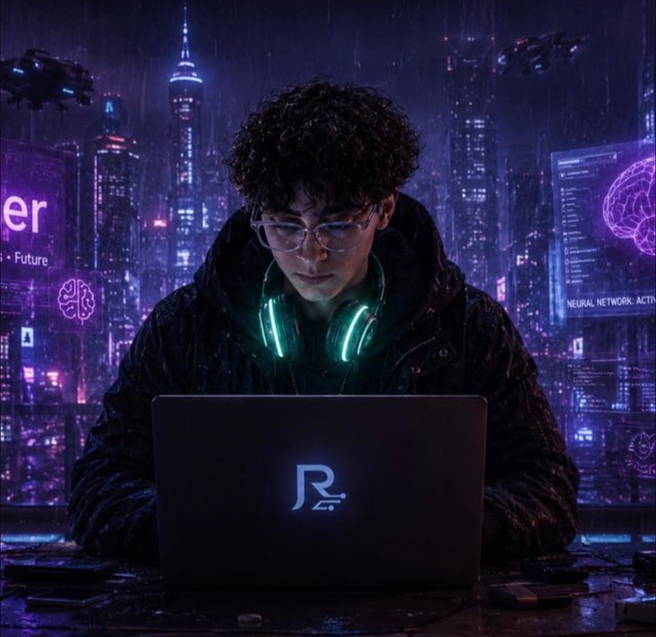 Resazr, founder of ResazrX, working on a laptop against a night city skyline